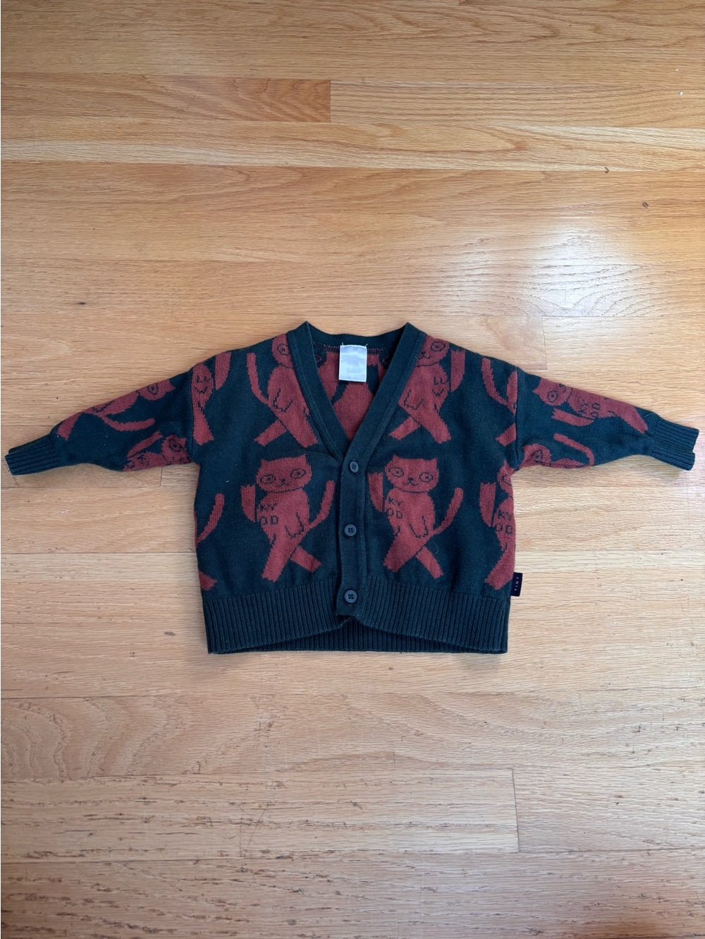 Kids Dark Green & Rust Cat Pattern Button-Front Cardigan